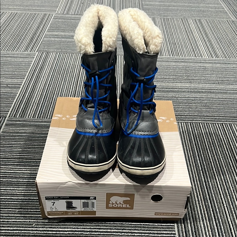Sorel Yoot PAC Nylon Grey/Black w Blue Detail Rain & Snow Boots Boys Size 7